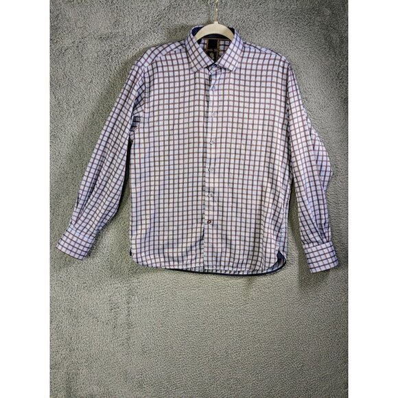 Visconti Black Shirt Medium Long Sleeve Button Up Flip Cuff Blue Brown Plaid - Picture 1 of 15